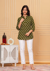 Olive Green Block Printed Cotton Short Kurti