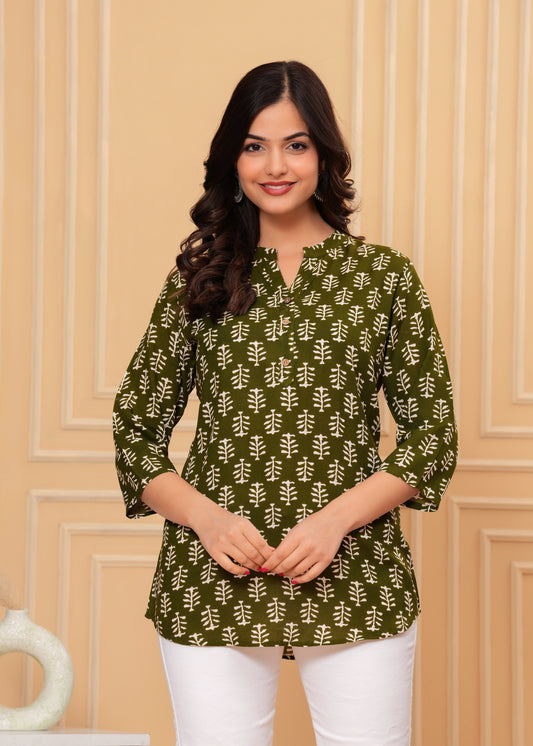 Green Printed Cotton Rayon Straight Kurti