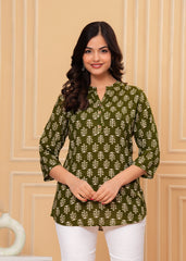 Olive Green Block Printed Cotton Short Kurti