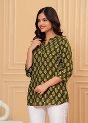 Olive Green Block Printed Cotton Short Kurti