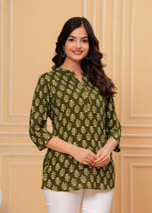 Olive Green Block Printed Cotton Short Kurti