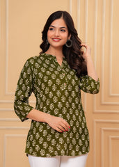 Olive Green Block Printed Cotton Short Kurti