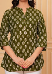 Olive Green Block Printed Cotton Short Kurti