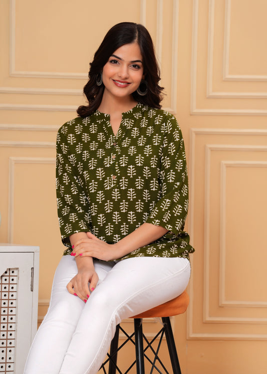 Olive Green Block Printed Cotton Short Kurti