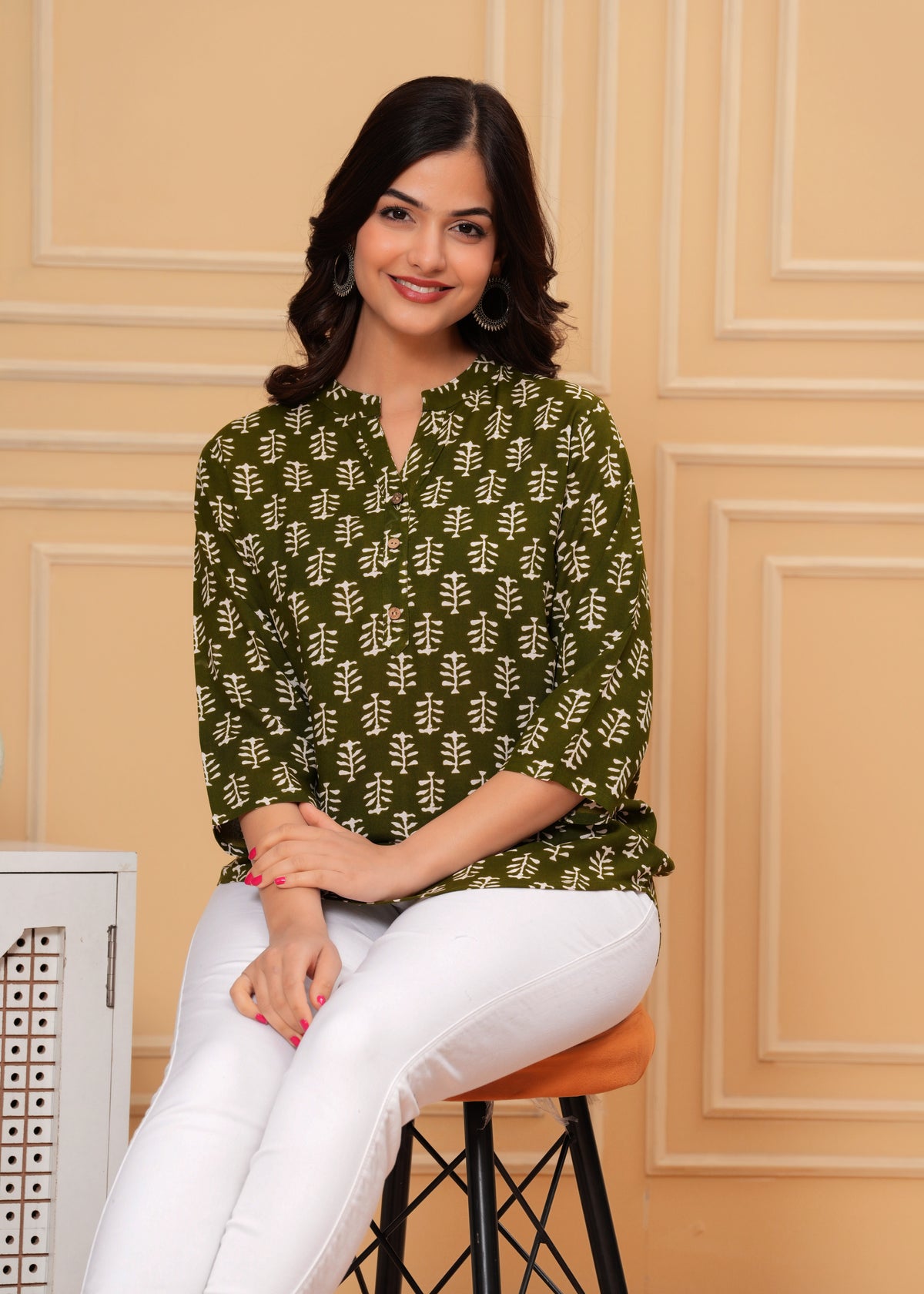 Olive Green Block Printed Cotton Short Kurti