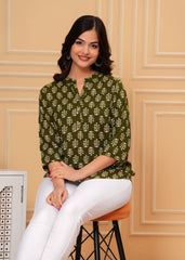 Olive Green Block Printed Cotton Short Kurti