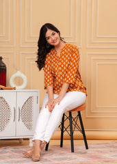 Mustard Yellow Block Printed Cotton Short Kurti
