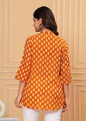 Mustard Yellow Block Printed Cotton Short Kurti