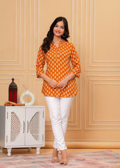 Mustard Yellow Block Printed Cotton Short Kurti