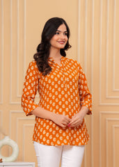 Mustard Yellow Block Printed Cotton Short Kurti