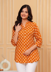 Mustard Yellow Block Printed Cotton Short Kurti