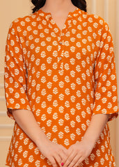 Mustard Yellow Block Printed Cotton Short Kurti