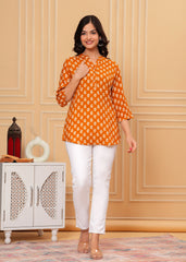 Mustard Yellow Block Printed Cotton Short Kurti