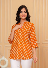 Mustard Yellow Block Printed Cotton Short Kurti