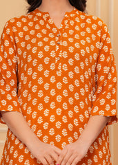 Mustard Yellow Block Printed Cotton Short Kurti