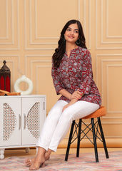 Maroon Cotton Floral Printed Short Kurti