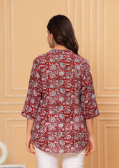 Maroon Cotton Floral Printed Short Kurti