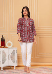 Maroon Cotton Floral Printed Short Kurti