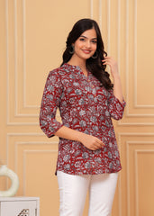 Maroon Cotton Floral Printed Short Kurti