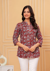 Maroon Cotton Floral Printed Short Kurti