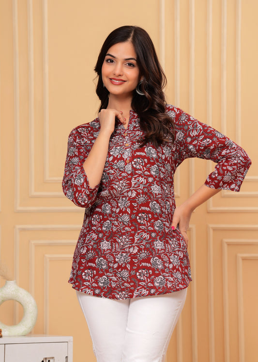 Maroon Cotton Floral Printed Short Kurti
