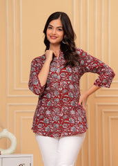 Maroon Cotton Floral Printed Short Kurti