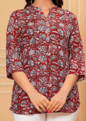 Maroon Cotton Floral Printed Short Kurti