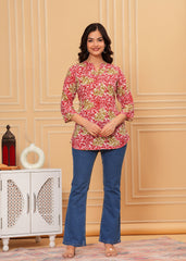 Red & Green Leaf Printed Cotton Short Kurti