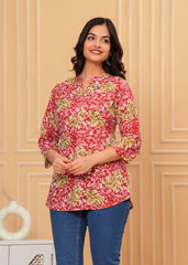 Red & Green Leaf Printed Cotton Short Kurti
