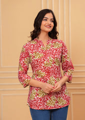 Red & Green Leaf Printed Cotton Short Kurti