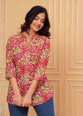 Red & Green Leaf Printed Cotton Short Kurti