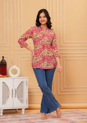 Red & Green Leaf Printed Cotton Short Kurti