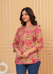Red & Green Leaf Printed Cotton Short Kurti