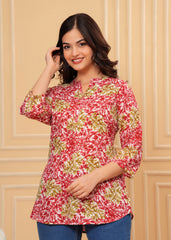 Red & Green Leaf Printed Cotton Short Kurti