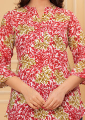 Red & Green Leaf Printed Cotton Short Kurti