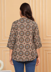 Earthy Brown & Blue Geometric Print Cotton Top