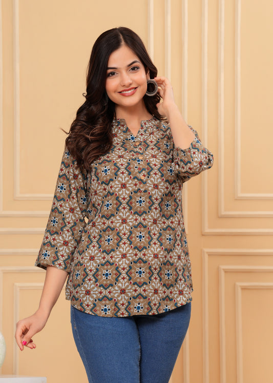 Earthy Brown & Blue Geometric Print Cotton Top