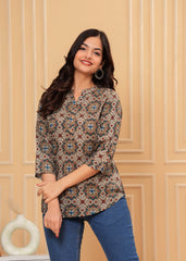 Earthy Brown & Blue Geometric Print Cotton Top