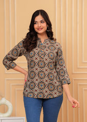Earthy Brown & Blue Geometric Print Cotton Top