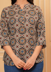 Earthy Brown & Blue Geometric Print Cotton Top