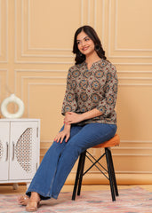 Earthy Brown & Blue Geometric Print Cotton Top