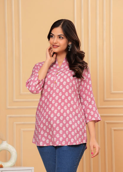 Pink Printed Cotton Rayon Straight Kurti