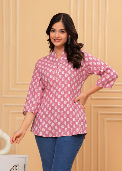 Pink Printed Cotton Rayon Straight Kurti