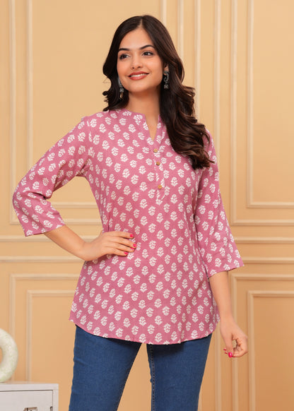 Pink Printed Cotton Rayon Straight Kurti