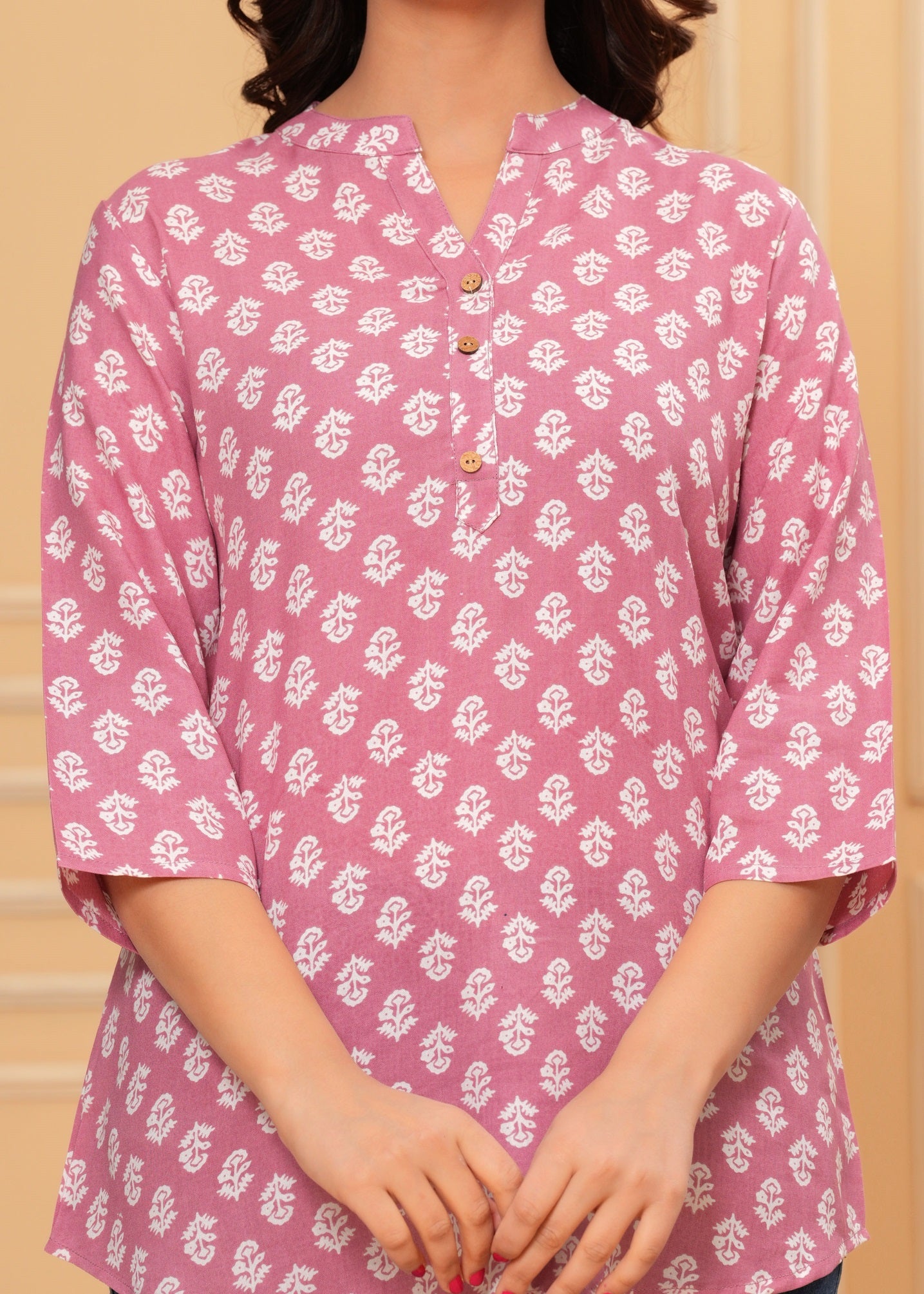 Pink Printed Cotton Rayon Straight Kurti