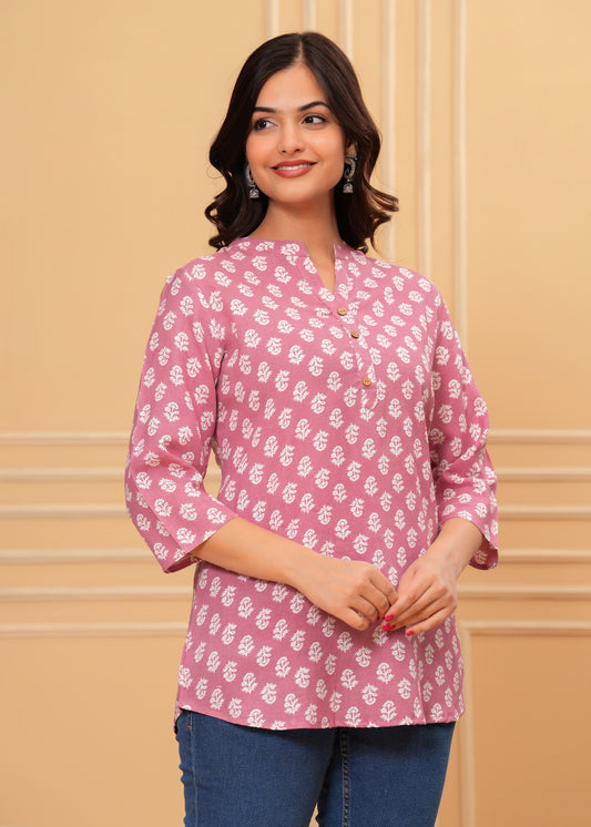 Pink Printed Cotton Rayon Straight Kurti