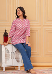 Dusty Rose Pink Hand-Block Style Cotton ToP