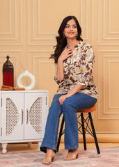 Coffee Brown & Beige Oversized Floral Print Cotton Top