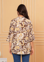 Coffee Brown & Beige Oversized Floral Print Cotton Top