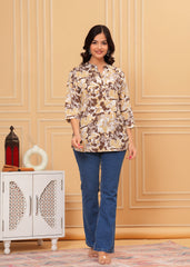 Coffee Brown & Beige Oversized Floral Print Cotton Top